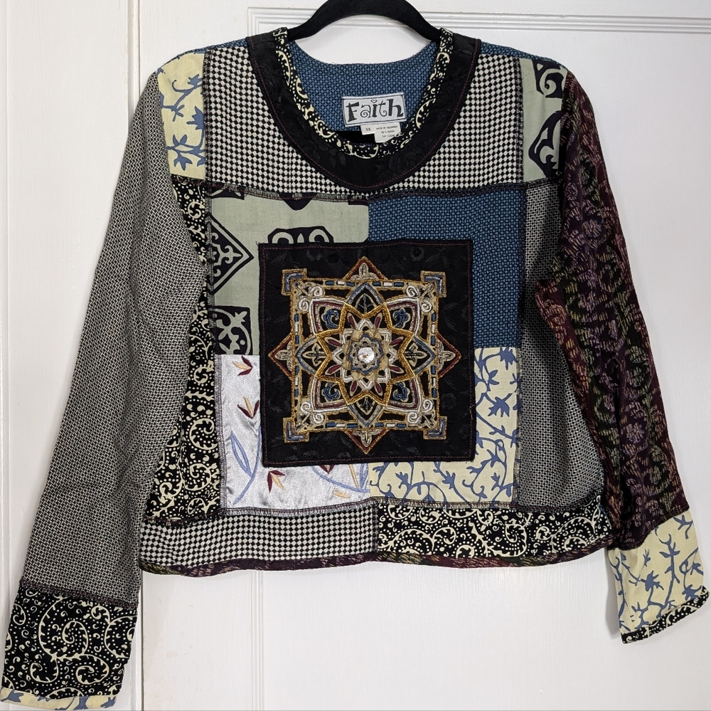 Faith Patchwork Mixed Print Boho Long Sleeve Top XS – Cropped Boxy Rayon Mandala